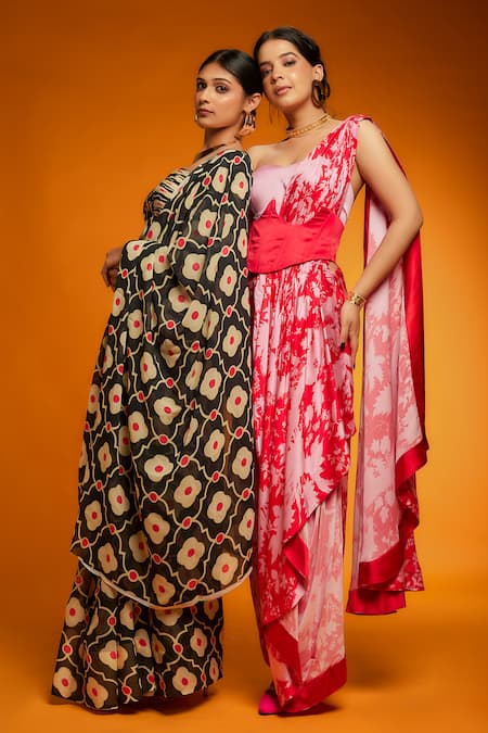 Shop_Ranbir Mukherjee Calcutta_Black Viscose Printed Floral Sweetheart Saree With Ruched Blouse _Online_at_Aza_Fashions