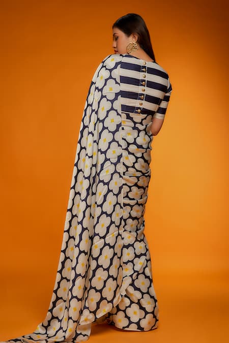 Ranbir Mukherjee Calcutta Floral Print Saree With Striped Pattern Blouse 