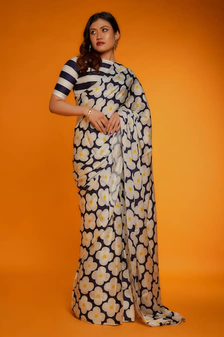 Ranbir Mukherjee Calcutta_Blue Satin, Silk, Crepe High Neck Floral Print Saree With Striped Pattern Blouse _Online_at_Aza_Fashions