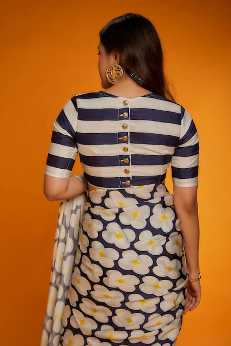 Ranbir Mukherjee Calcutta_Blue Satin, Silk, Crepe High Neck Floral Print Saree With Striped Pattern Blouse _at_Aza_Fashions