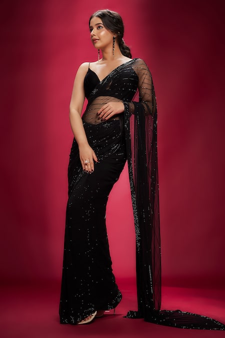 Ranbir Mukherjee Calcutta_Black Georgette, Net, Velvet Stones Plunge Neck Embellished Saree With Bralette _Online_at_Aza_Fashions