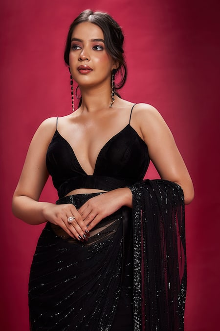 Shop_Ranbir Mukherjee Calcutta_Black Georgette, Net, Velvet Stones Plunge Neck Embellished Saree With Bralette _Online_at_Aza_Fashions