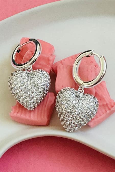 MNSH Silver Plated Faux Diamonds Dangling Heart Hoops  2