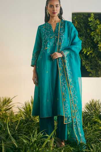 Buy_Shikha Mehta_Blue Silk Organza, Silk, Chanderi Embroidery Round Neck Aarohi Kurta Pyjama Set _Online_at_Aza_Fashions
