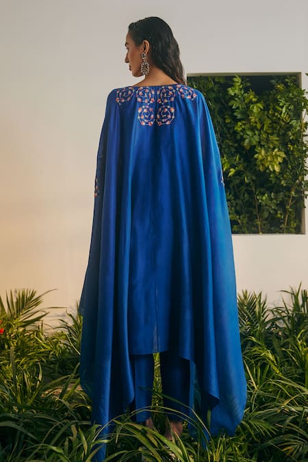 Shop Shikha Mehta Blue Alyaa Embroidered Cape And Pant Set at Aza Fashions Shop_Shikha Mehta_Blue Alyaa Embroidered Cape And Pant Set _at_Aza_Fashions
