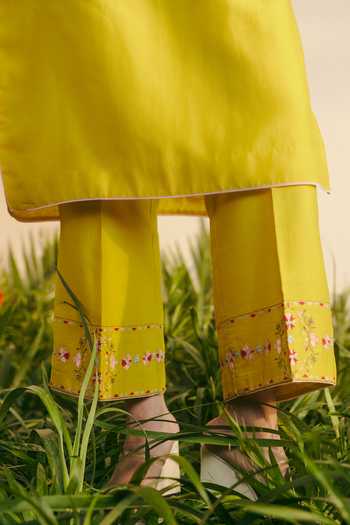 Shop_Shikha Mehta_Yellow Silk, Chanderi Embroidery Round Neck Anika Kurta And Pant Set _Online_at_Aza_Fashions