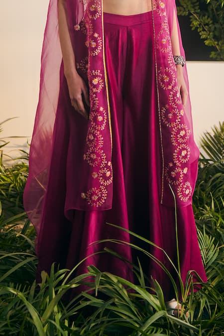Shikha Mehta_Wine , Organza Embroidery Scoop Neck Anvee Cape Sharara Set _Online_at_Aza_Fashions