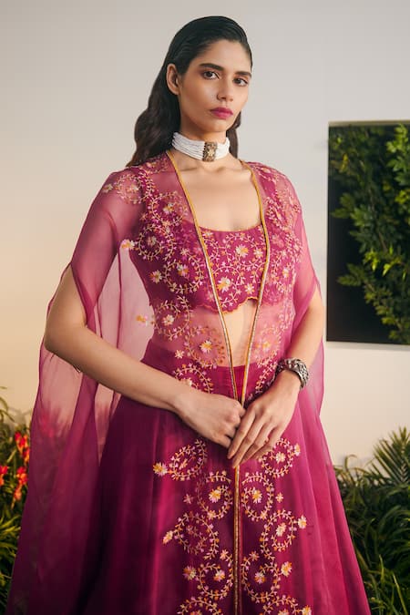 Shop_Shikha Mehta_Wine , Organza Embroidery Scoop Neck Anvee Cape Sharara Set _Online_at_Aza_Fashions