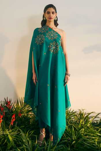 Shikha Mehta_Green Silk, Chanderi Embroidery One Shoulder Keli Tunic And Pant Set _Online_at_Aza_Fashions