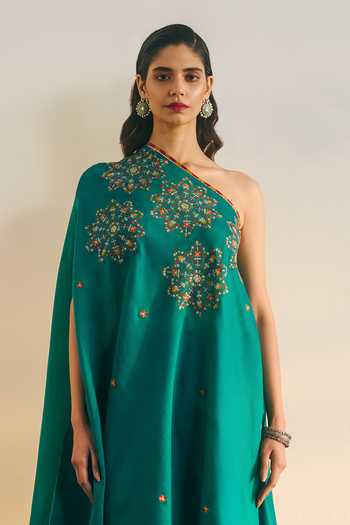 Buy_Shikha Mehta_Green Silk, Chanderi Embroidery One Shoulder Keli Tunic And Pant Set _Online_at_Aza_Fashions