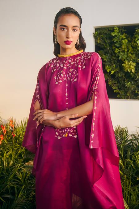 Shop_Shikha Mehta_Purple Chanderi, Silk Embroidery Round Neck Nirva Tunic Pant Set _Online_at_Aza_Fashions
