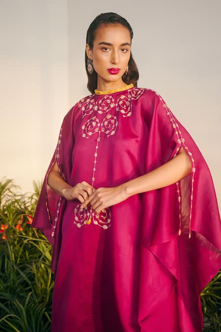 Shikha Mehta_Purple Chanderi, Silk Embroidery Round Neck Nirva Tunic Pant Set _at_Aza_Fashions