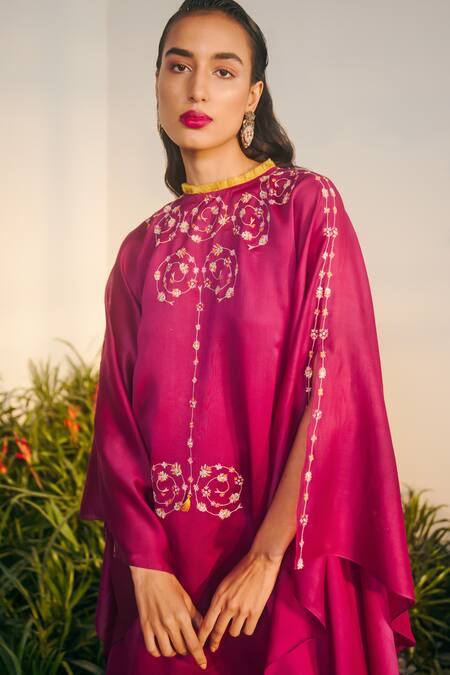 Buy_Shikha Mehta_Purple Chanderi, Silk Embroidery Round Neck Nirva Tunic Pant Set 