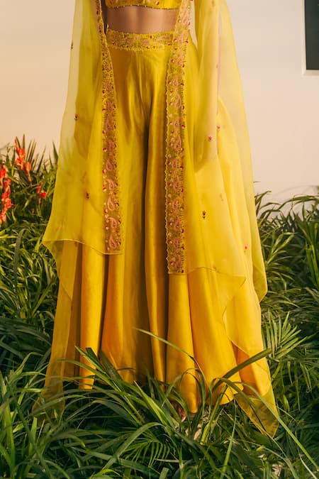 Shikha Mehta_Yellow Silk Organza, Silk, Chanderi Embroidery Rahee Thread Cape Sharara Set _Online_at_Aza_Fashions