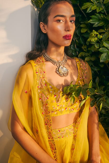 Shikha Mehta_Yellow Silk Organza, Silk, Chanderi Embroidery Rahee Thread Cape Sharara Set _at_Aza_Fashions