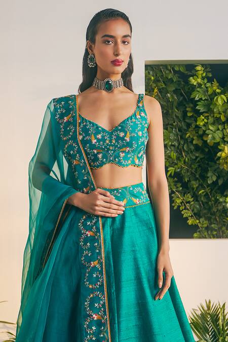 Buy_Shikha Mehta_Green Organza, Embroidery Sweetheart Roop Blouse Raw Lehenga Set _Online_at_Aza_Fashions