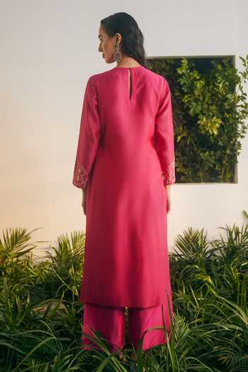 Shop Shikha Mehta Pink Silk Organza, Silk, Chanderi Embroidery Zahra Floral Thread Kurta Pant Set at Aza Fashions Shop_Shikha Mehta_Pink Silk Organza, Silk, Chanderi Embroidery Zahra Floral Thread Kurta Pant Set _at_Aza_Fashions