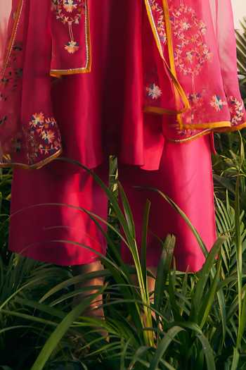 Shikha Mehta Pink Silk Organza, Silk, Chanderi Embroidery Zahra Floral Thread Kurta Pant Set Online at Aza Fashions Shikha Mehta_Pink Silk Organza, Silk, Chanderi Embroidery Zahra Floral Thread Kurta Pant Set _Online_at_Aza_Fashions