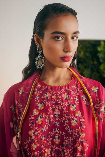 Buy Shikha Mehta Pink Silk Organza, Silk, Chanderi Embroidery Zahra Floral Thread Kurta Pant Set Online at Aza Fashions Buy_Shikha Mehta_Pink Silk Organza, Silk, Chanderi Embroidery Zahra Floral Thread Kurta Pant Set _Online_at_Aza_Fashions