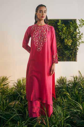 Shop Shikha Mehta Pink Silk Organza, Silk, Chanderi Embroidery Zahra Floral Thread Kurta Pant Set Online at Aza Fashions Shop_Shikha Mehta_Pink Silk Organza, Silk, Chanderi Embroidery Zahra Floral Thread Kurta Pant Set _Online_at_Aza_Fashions