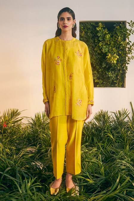 Buy_Shikha Mehta_Yellow Silk, Chanderi Embroidery Round Neck Zia Top Pant Set _Online_at_Aza_Fashions