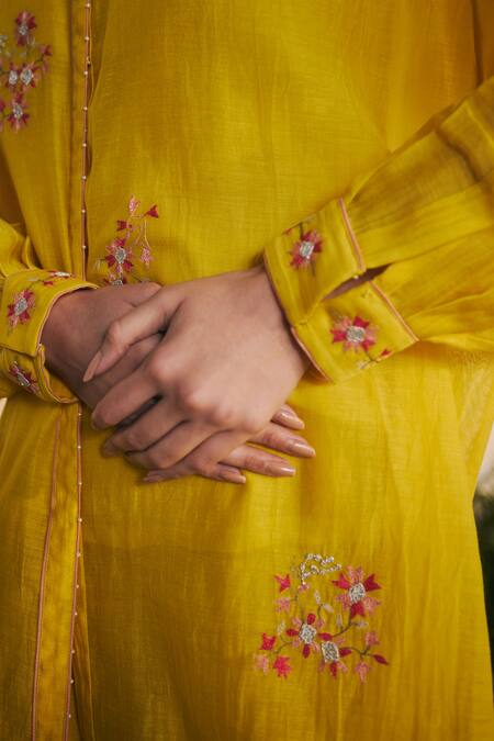 Shop_Shikha Mehta_Yellow Silk, Chanderi Embroidery Round Neck Zia Top Pant Set _Online_at_Aza_Fashions