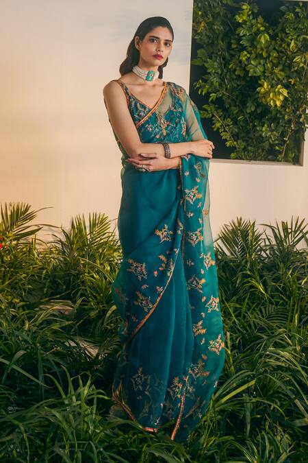 Buy_Shikha Mehta_Blue Organza, Embroidery Sweetheart Neck Zina Saree With Blouse _Online_at_Aza_Fashions