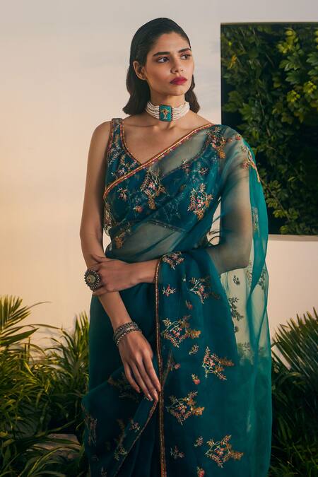 Shop_Shikha Mehta_Blue Organza, Embroidery Sweetheart Neck Zina Saree With Blouse _Online_at_Aza_Fashions