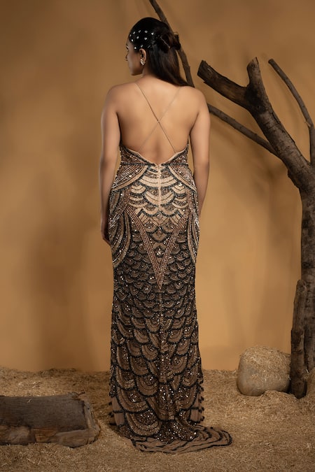 Shop_Ambrosia_Beige Nylon, Satin Sequins, Cut Work Cowl Neck Scallop Hand Embellished Gown _at_Aza_Fashions