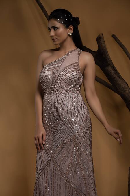 Ambrosia_Pink Satin, Nylon Sequins, Cut Work Asymmetric Hand Embellished Gown _Online_at_Aza_Fashions