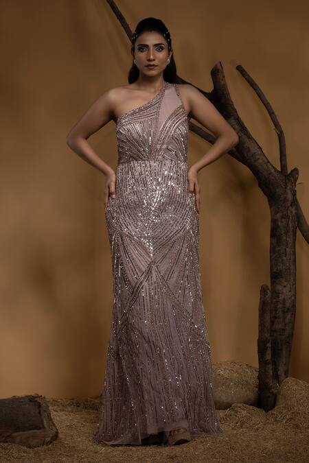 Buy_Ambrosia_Pink Satin, Nylon Sequins, Cut Work Asymmetric Hand Embellished Gown _Online_at_Aza_Fashions