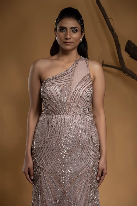 Ambrosia_Pink Satin, Nylon Sequins, Cut Work Asymmetric Hand Embellished Gown _at_Aza_Fashions