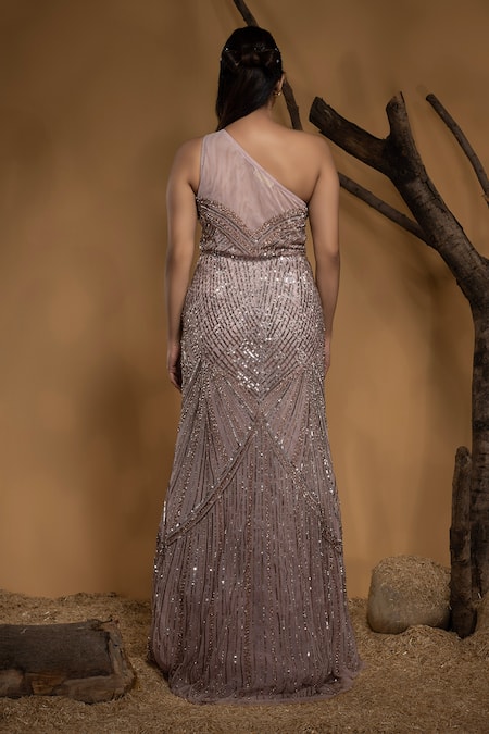 Buy_Ambrosia_Pink Satin, Nylon Sequins, Cut Work Asymmetric Hand Embellished Gown 
