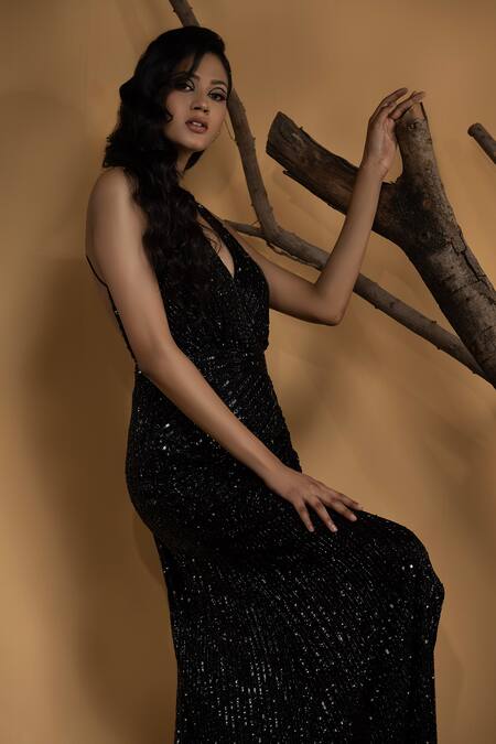 Buy_Ambrosia_Black Satin, Nylon Sequins V-neck Hand Embellished Thigh Slit Gown _Online_at_Aza_Fashions