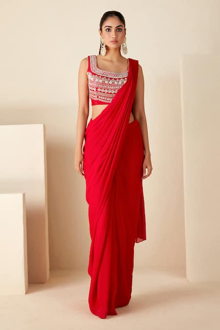 Suruchi Parakh Red Georgette Crepe Hand Embroidered Zari Square Blouse And Pre-draped Saree Set 