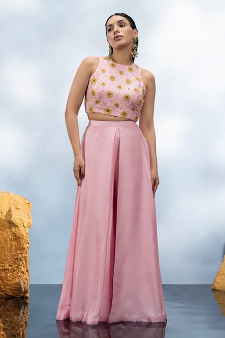 Mona and Vishu Pink Dupion Silk Embroidery Floret Crystal Embellished Crop Top With Palazzo 