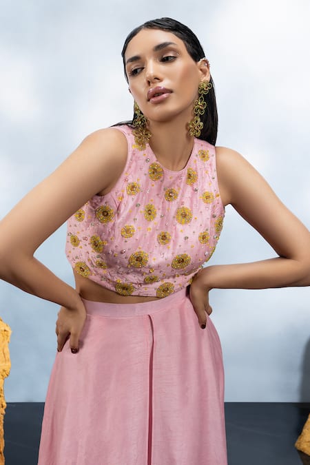Mona And Vishu_Pink Silk Embroidery Halter Floret Crystal Embellished Crop Top With Palazzo _Online_at_Aza_Fashions