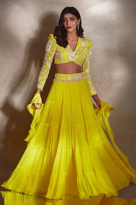 Buy Shloka Khialani Yellow Net, Georgette Sequins, Beads Ellen Tiered Lehenga Embellished Blouse Set Online at Aza Fashions Buy_Shloka Khialani_Yellow Net, Georgette Sequins, Beads Ellen Tiered Lehenga Embellished Blouse Set _Online_at_Aza_Fashions
