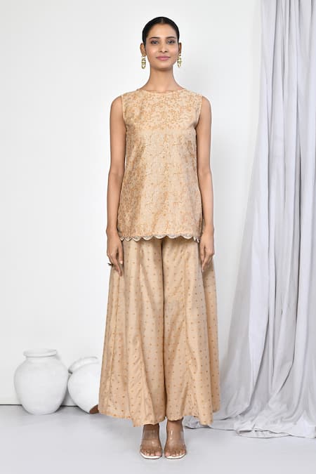 Buy_Samyukta Singhania_Brown Chanderi Lace Round Neck Floral Print Kurta And Palazzo Set_Online_at_Aza_Fashions