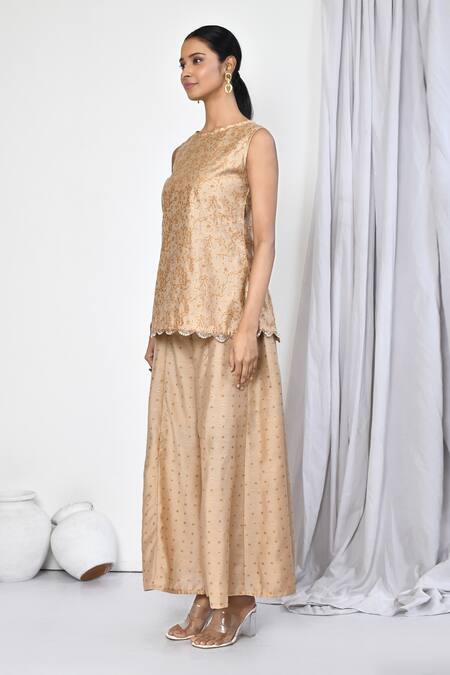 Shop_Samyukta Singhania_Brown Chanderi Lace Round Neck Floral Print Kurta And Palazzo Set_Online_at_Aza_Fashions