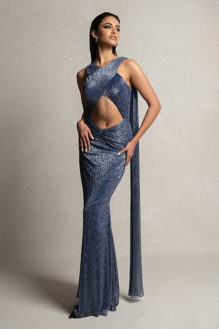 Buy Twenty Dresses by Nykaa Fashion Electric Blue Shimmer Slit Gown online