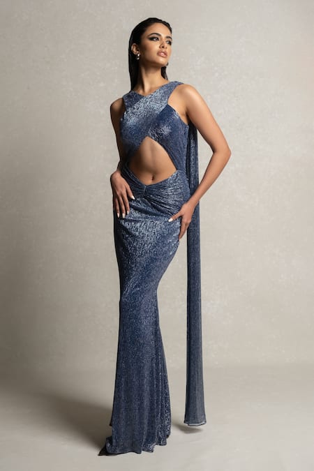 Pinup By Astha Metallic Drape Front Cut Gown 