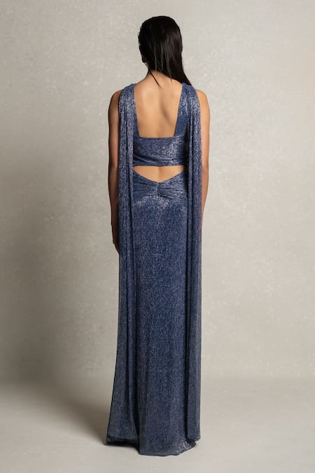 Shop_Pinup By Astha_Blue Silk Crew Neck Metallic Drape Front Cut Gown _at_Aza_Fashions