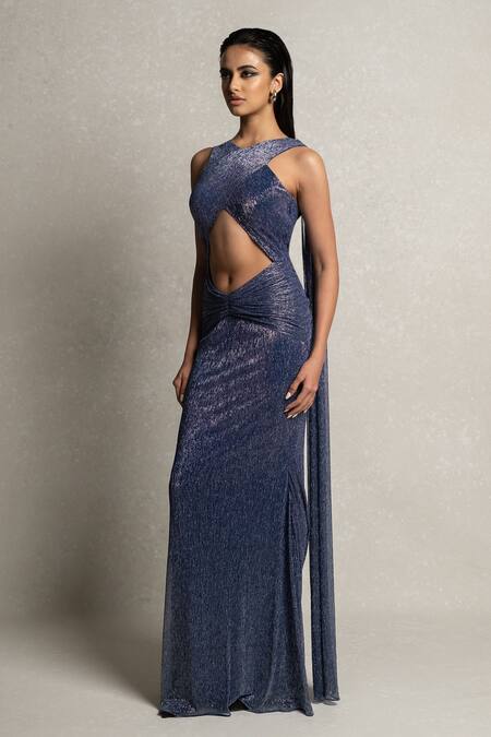 Pinup By Astha_Blue Silk Crew Neck Metallic Drape Front Cut Gown _Online_at_Aza_Fashions