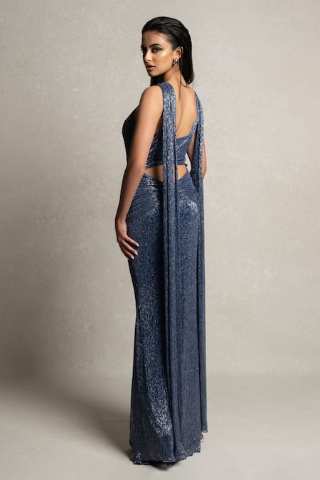 Shop_Pinup By Astha_Blue Silk Crew Neck Metallic Drape Front Cut Gown _Online_at_Aza_Fashions