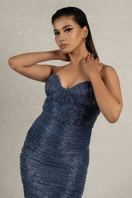 Shop Pinup By Astha Blue Silk Sweetheart Neck Metallic Rushed Hand Pleated Gown Online at Aza Fashions Shop_Pinup By Astha_Blue Silk Sweetheart Neck Metallic Rushed Hand Pleated Gown _Online_at_Aza_Fashions