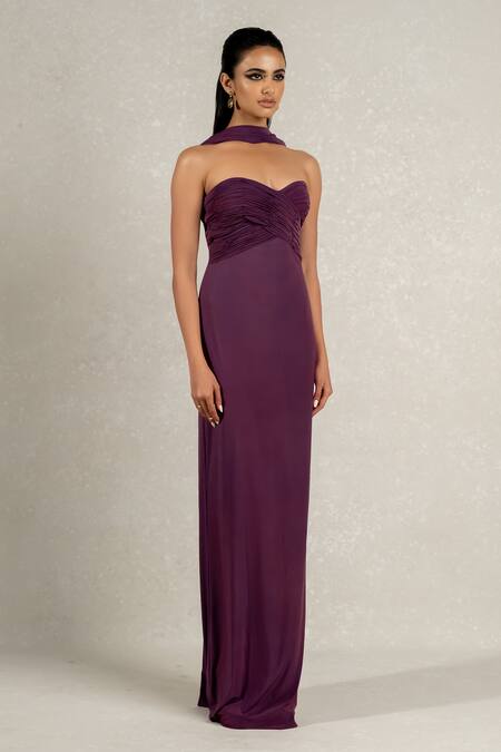 Pinup By Astha Purple Lycra Sweetheart Neck Hand Pleated Rushed Corset Gown Online at Aza Fashions Pinup By Astha_Purple Lycra Sweetheart Neck Hand Pleated Rushed Corset Gown _Online_at_Aza_Fashions