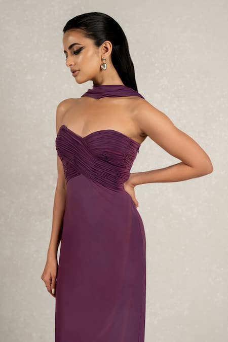 Shop Pinup By Astha Purple Lycra Sweetheart Neck Hand Pleated Rushed Corset Gown Online at Aza Fashions Shop_Pinup By Astha_Purple Lycra Sweetheart Neck Hand Pleated Rushed Corset Gown _Online_at_Aza_Fashions