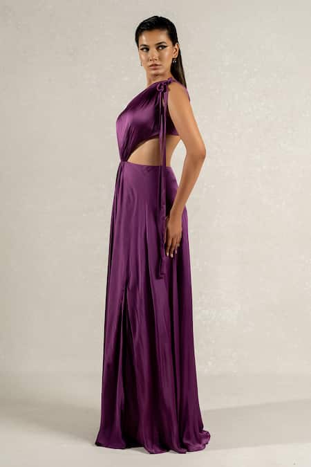 Pinup By Astha_Purple Satin, Georgette Asymmetric Side Cut One Shoulder Gown _Online_at_Aza_Fashions