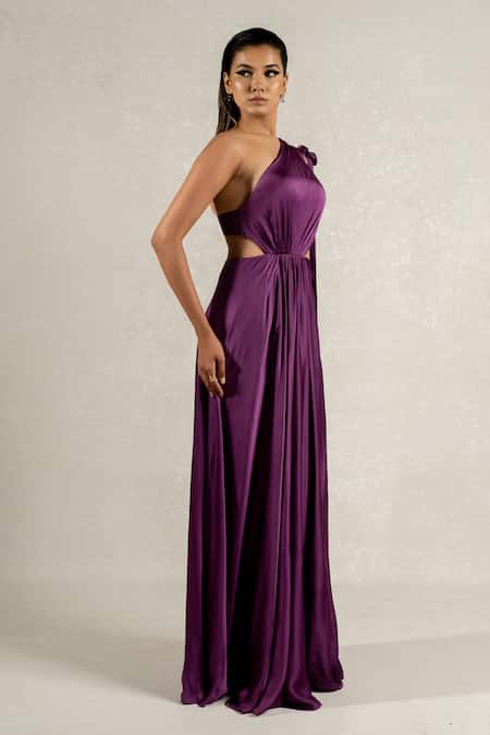 Buy_Pinup By Astha_Purple Satin, Georgette Asymmetric Side Cut One Shoulder Gown _Online_at_Aza_Fashions